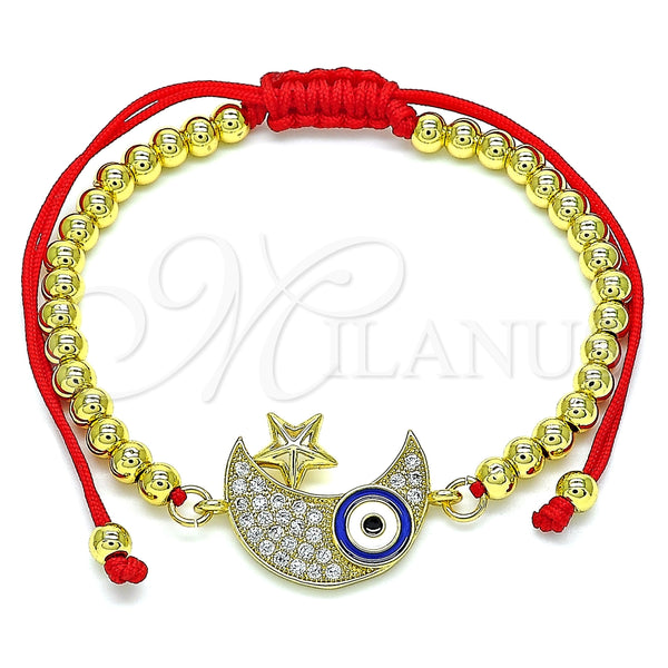 Pulsera Bolo Ajustable 03.381.0020.10 Oro Laminado, Diseño de Ojo Griego y Luna, con Blanca Micro Pave, Esmaltado Azul, Tono Dorado (04 MM Thickness, 10 Inches Length)