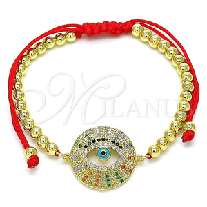Pulsera Bolo Ajustable 03.381.0024.10 Oro Laminado, Diseño de Ojo Griego y Bola, con Multicolor Micro Pave, Esmaltado Turquesa, Tono Dorado (04 MM Thickness, 10 Inches Length)