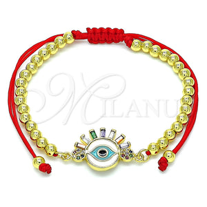 Pulsera Bolo Ajustable 03.381.0031.10 Oro Laminado, Diseño de Ojo Griego y Bola, con Multicolor Zirconia Cubica and Multicolor Micro Pave, Esmaltado Blanco, Tono Dorado (04 MM Thickness, 10 Inches Length)