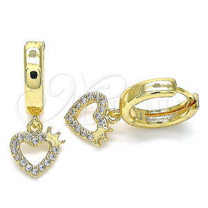 Argolla Huggie 02.210.0512.15 Oro Laminado, Diseño de Corazón y Corona, con Blanca Micro Pave, Pulido, Tono Dorado