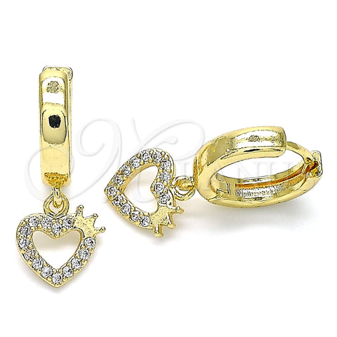 Argolla Huggie 02.210.0512.15 Oro Laminado, Diseño de Corazón y Corona, con Blanca Micro Pave, Pulido, Tono Dorado