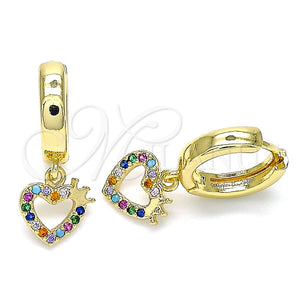 Argolla Huggie 02.210.0512.1.15 Oro Laminado, Diseño de Corazón y Corona, con Multicolor Micro Pave, Pulido, Tono Dorado