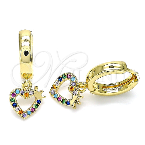 Argolla Huggie 02.210.0512.1.15 Oro Laminado, Diseño de Corazón y Corona, con Multicolor Micro Pave, Pulido, Tono Dorado