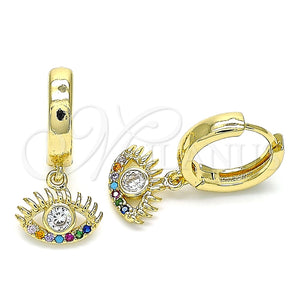 Argolla Huggie 02.210.0513.1.15 Oro Laminado, Diseño de Ojo Griego, con Blanca Zirconia Cubica and Multicolor Micro Pave, Pulido, Tono Dorado