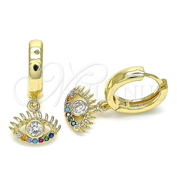 Argolla Huggie 02.210.0513.1.15 Oro Laminado, Diseño de Ojo Griego, con Blanca Zirconia Cubica and Multicolor Micro Pave, Pulido, Tono Dorado