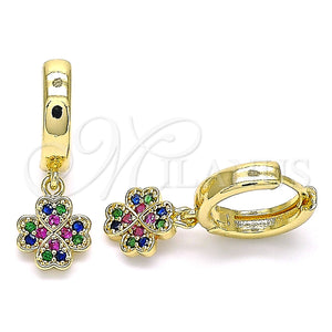 Argolla Huggie 02.210.0517.1.15 Oro Laminado, Diseño de Trébol de Cuatro Hojas, con Multicolor Micro Pave, Pulido, Tono Dorado