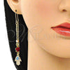 Arete Violador 02.253.0017 Oro Laminado, Diseño de Mano de Dios y Flor, con Blanca Micro Pave, Esmaltado Turquesa, Tres Tonos