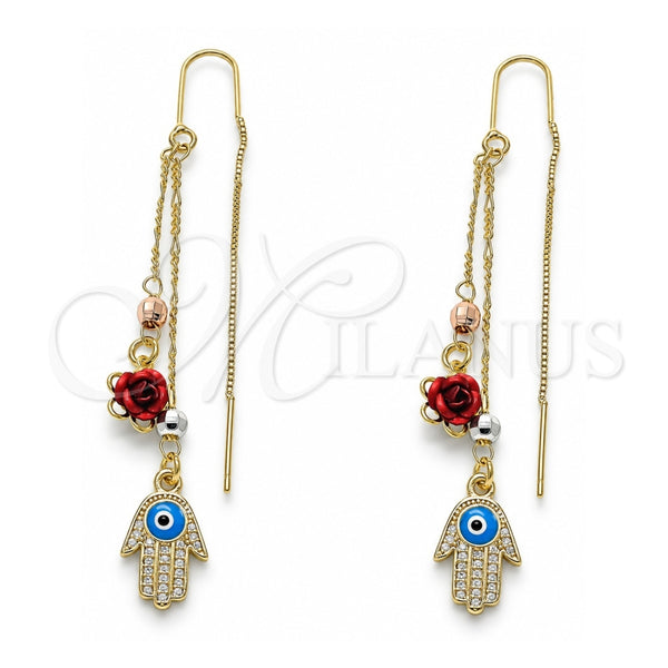 Arete Violador 02.253.0017 Oro Laminado, Diseño de Judaica y Mano de Dios, con Micro Pave Blanca, Esmaltado Turquesa, Tres Tonos
