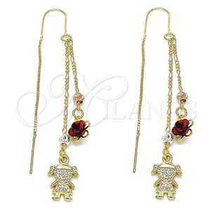 Arete Violador 02.253.0026 Oro Laminado, Diseño de Niñita Pequeña y Flor, con Blanca Micro Pave, Pulido, Tres Tonos