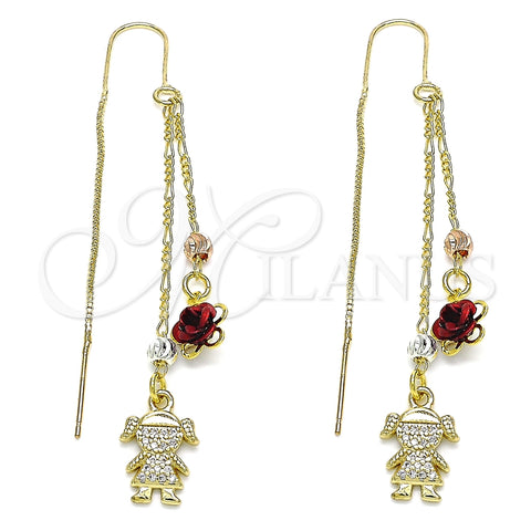 Arete Violador 02.253.0026 Oro Laminado, Diseño de Niñita Pequeña y Flor, con Blanca Micro Pave, Pulido, Tres Tonos