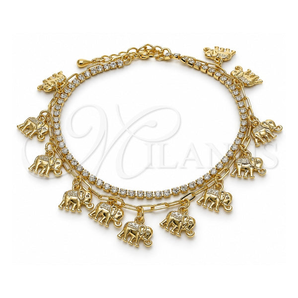 Tobillera de Dije 03.372.0008.10 Oro Laminado, Diseño de Elefante y Paperclip, con Cristal Blanca, Pulido, Tono Dorado (Grosor 03 MM, 10 Pulgadas de Largo)