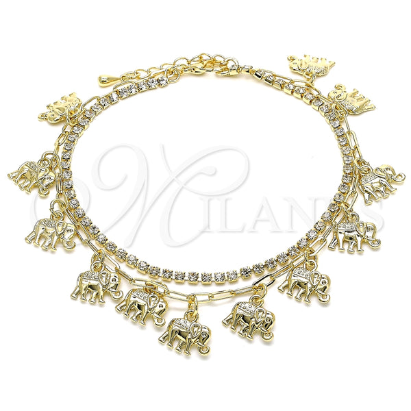 Tobillera de Dije 03.372.0008.10 Oro Laminado, Diseño de Elefante y Paperclip, con Blanca Cristal, Pulido, Tono Dorado (03 MM Thickness, 10 Inches Length)