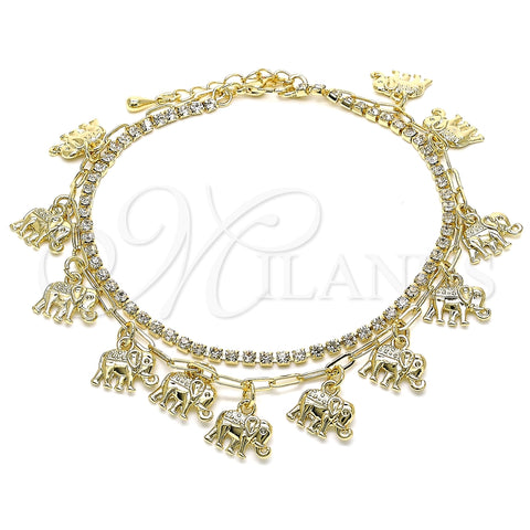 Tobillera de Dije 03.372.0008.10 Oro Laminado, Diseño de Elefante y Paperclip, con Blanca Cristal, Pulido, Tono Dorado (03 MM Thickness, 10 Inches Length)