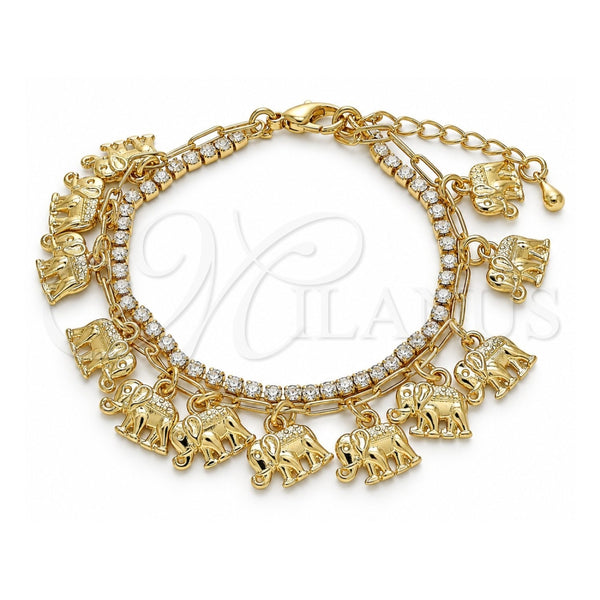 Pulsera de Dije 03.372.0008.08 Oro Laminado, Diseño de Elefante y Paperclip, con Cristal Blanca, Pulido, Tono Dorado (Grosor 03 MM, 8 Pulgadas de Largo)