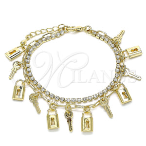 Pulsera de Dije 03.372.0011.08 Oro Laminado, Diseño de Llave y Candado, con Blanca Cristal, Pulido, Tono Dorado (03 MM Thickness, 8 Inches Length)