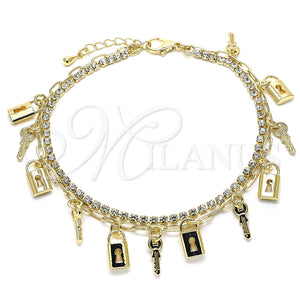 Tobillera de Dije 03.372.0011.10 Oro Laminado, Diseño de Llave y Candado, con Blanca Cristal, Pulido, Tono Dorado (03 MM Thickness, 10 Inches Length)