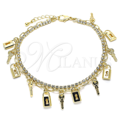 Tobillera de Dije 03.372.0011.10 Oro Laminado, Diseño de Llave y Candado, con Blanca Cristal, Pulido, Tono Dorado (03 MM Thickness, 10 Inches Length)