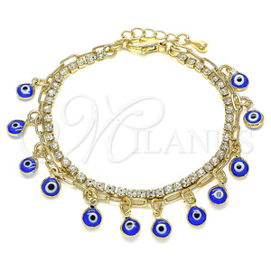 Pulsera de Dije 03.372.0012.08 Oro Laminado, Diseño de Ojo Griego y Paperclip, con Blanca Cristal, Resinado Azul, Tono Dorado (03 MM Thickness, 8 Inches Length)