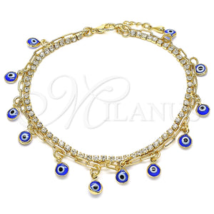 Tobillera de Dije 03.372.0012.10 Oro Laminado, Diseño de Ojo Griego y Paperclip, con Blanca Cristal, Resinado Azul, Tono Dorado (03 MM Thickness, 10 Inches Length)