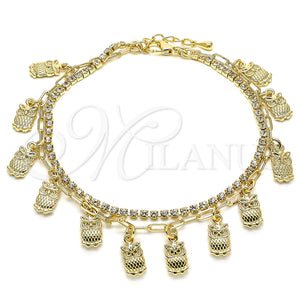 Tobillera de Dije 03.372.0013.10 Oro Laminado, Diseño de Búho y Paperclip, con Blanca Cristal, Pulido, Tono Dorado (03 MM Thickness, 10 Inches Length)
