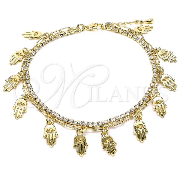 Tobillera de Dije 03.372.0014.10 Oro Laminado, Diseño de Mano de Dios y Paperclip, con Blanca Cristal, Pulido, Tono Dorado (03 MM Thickness, 10 Inches Length)