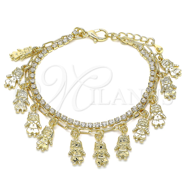 Pulsera de Dije 03.372.0016.08 Oro Laminado, Diseño de Niñita Pequeña y Paperclip, con Blanca Cristal, Pulido, Tono Dorado (03 MM Thickness, 8 Inches Length)