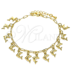 Pulsera de Dije 03.372.0017.08 Oro Laminado, Diseño de Delfín y Paperclip, Pulido, Tono Dorado (03 MM Thickness, 8 Inches Length)