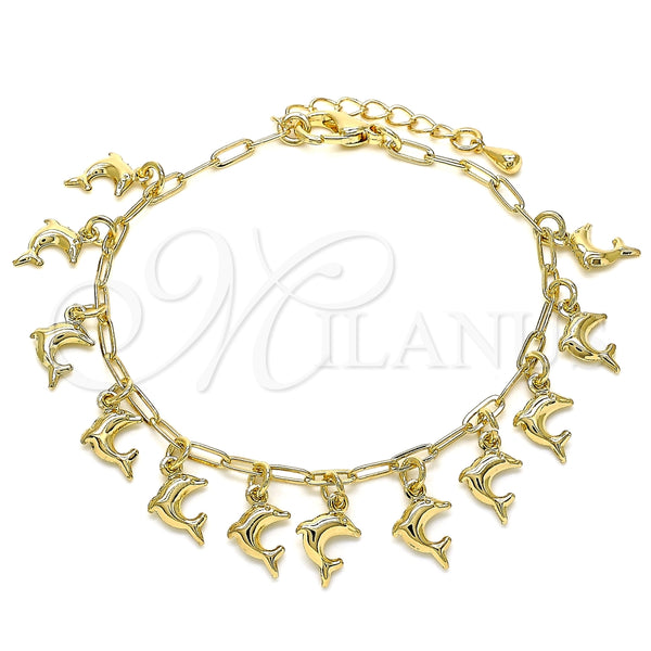 Pulsera de Dije 03.372.0017.08 Oro Laminado, Diseño de Delfín y Paperclip, Pulido, Tono Dorado (03 MM Thickness, 8 Inches Length)