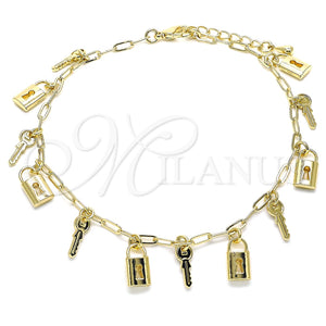 Tobillera de Dije 03.372.0021.10 Oro Laminado, Diseño de Llave y Candado, Pulido, Tono Dorado (03 MM Thickness, 10 Inches Length)