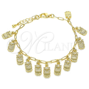 Pulsera de Dije 03.372.0022.08 Oro Laminado, Diseño de Búho y Paperclip, Pulido, Tono Dorado (03 MM Thickness, 8 Inches Length)