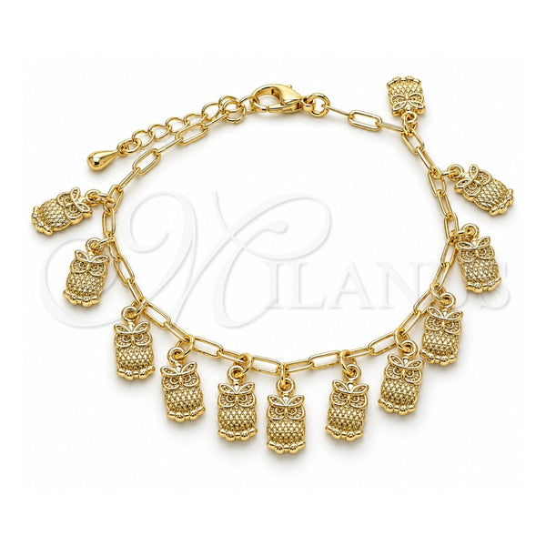 Pulsera de Dije 03.372.0022.08 Oro Laminado, Diseño de Búho y Paperclip, Pulido, Tono Dorado (Grosor 03 MM, 8 Pulgadas de Largo)