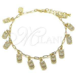 Tobillera de Dije 03.372.0022.10 Oro Laminado, Diseño de Búho y Paperclip, Pulido, Tono Dorado (03 MM Thickness, 10 Inches Length)
