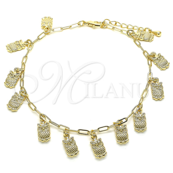 Tobillera de Dije 03.372.0022.10 Oro Laminado, Diseño de Búho y Paperclip, Pulido, Tono Dorado (03 MM Thickness, 10 Inches Length)