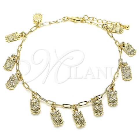 Tobillera de Dije 03.372.0022.10 Oro Laminado, Diseño de Búho y Paperclip, Pulido, Tono Dorado (03 MM Thickness, 10 Inches Length)