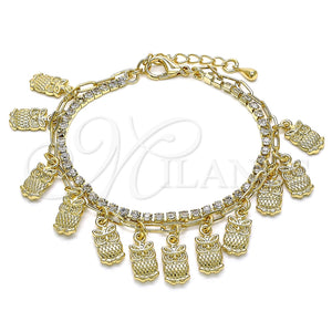 Pulsera de Dije 03.372.0013.08 Oro Laminado, Diseño de Búho y Paperclip, con Blanca Cristal, Pulido, Tono Dorado (03 MM Thickness, 8 Inches Length)