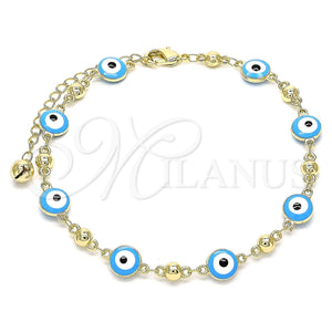 Tobillera Elegante 03.213.0018.4.10 Oro Laminado, Diseño de Ojo Griego, Esmaltado Turquesa, Tono Dorado (08 MM Thickness, 10 Inches Length)