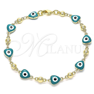 Pulsera Elegante 03.213.0037.5.08 Oro Laminado, Diseño de Ojo Griego y Corazón, Esmaltado Verde, Tono Dorado (08 MM Thickness, 8 Inches Length)