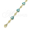 Tobillera Elegante 03.213.0037.5.10 Oro Laminado, Diseño de Ojo Griego y Corazón, Esmaltado Verde, Tono Dorado (08 MM Thickness, 10 Inches Length)