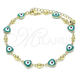 Tobillera Elegante 03.213.0037.5.10 Oro Laminado, Diseño de Ojo Griego y Corazón, Esmaltado Verde, Tono Dorado (08 MM Thickness, 10 Inches Length)
