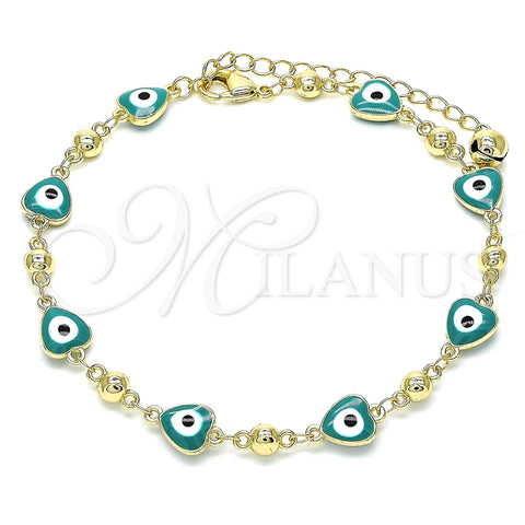 Tobillera Elegante 03.213.0037.5.10 Oro Laminado, Diseño de Ojo Griego y Corazón, Esmaltado Verde, Tono Dorado (08 MM Thickness, 10 Inches Length)