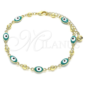 Tobillera Elegante 03.213.0033.5.10 Oro Laminado, Diseño de Ojo Griego, Esmaltado Verde, Tono Dorado (06 MM Thickness, 10 Inches Length)