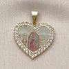 Dije Religioso 05.253.0123 Oro Laminado, Diseño de Guadalupe y Corazón, con Blanca Zirconia Cubica, Pulido, Tono Dorado