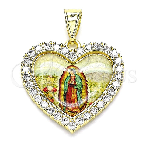 Dije Religioso 05.253.0123 Oro Laminado, Diseño de Guadalupe y Corazón, con Blanca Zirconia Cubica, Pulido, Tono Dorado