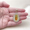 Dije Religioso 05.253.0125 Oro Laminado, Diseño de Guadalupe y Gota, con Blanca Zirconia Cubica, Pulido, Tono Dorado