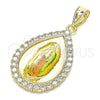 Dije Religioso 05.253.0125 Oro Laminado, Diseño de Guadalupe y Gota, con Blanca Zirconia Cubica, Pulido, Tono Dorado