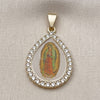 Dije Religioso 05.253.0125 Oro Laminado, Diseño de Guadalupe y Gota, con Blanca Zirconia Cubica, Pulido, Tono Dorado