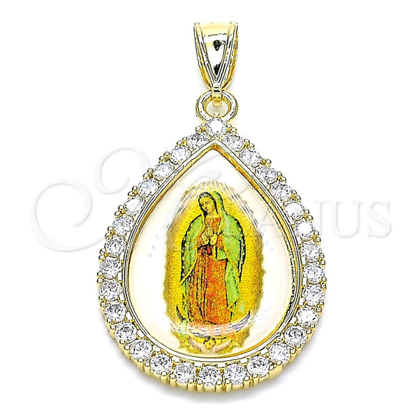 Dije Religioso 05.253.0125 Oro Laminado, Diseño de Guadalupe y Gota, con Blanca Zirconia Cubica, Pulido, Tono Dorado