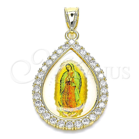 Dije Religioso 05.253.0125 Oro Laminado, Diseño de Guadalupe y Gota, con Blanca Zirconia Cubica, Pulido, Tono Dorado