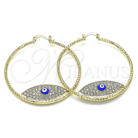 Argolla Grande 02.380.0074.50 Oro Laminado, Diseño de Ojo Griego, con Blanca Cristal, Esmaltado Azul, Tono Dorado