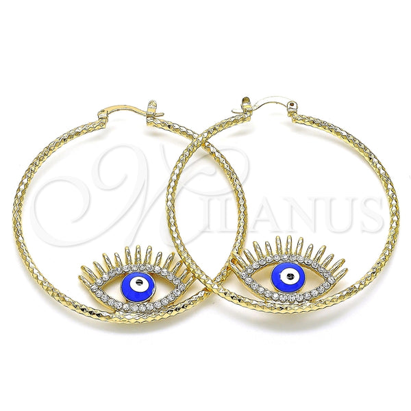 Argolla Grande 02.380.0077.50 Oro Laminado, Diseño de Ojo Griego, con Blanca Cristal, Esmaltado Azul, Tono Dorado
